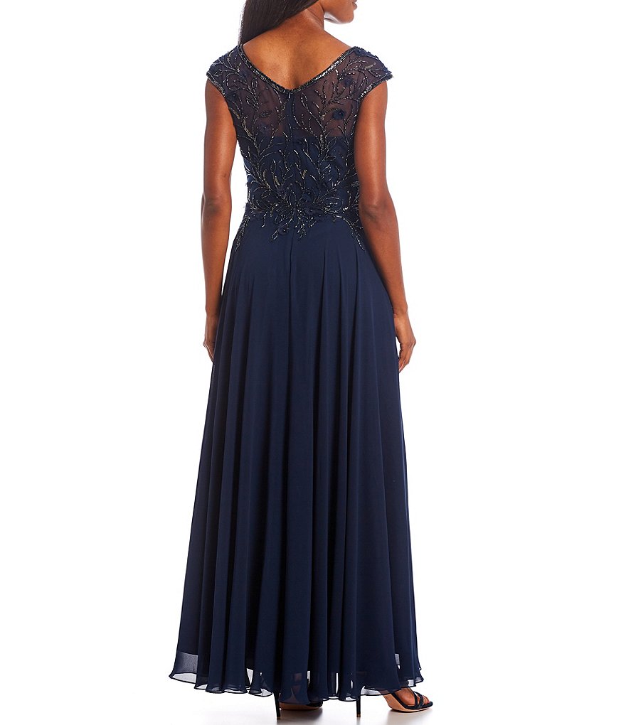 Xscape V-Neck Cap Sleeve Beaded Bodice Chiffon Gown