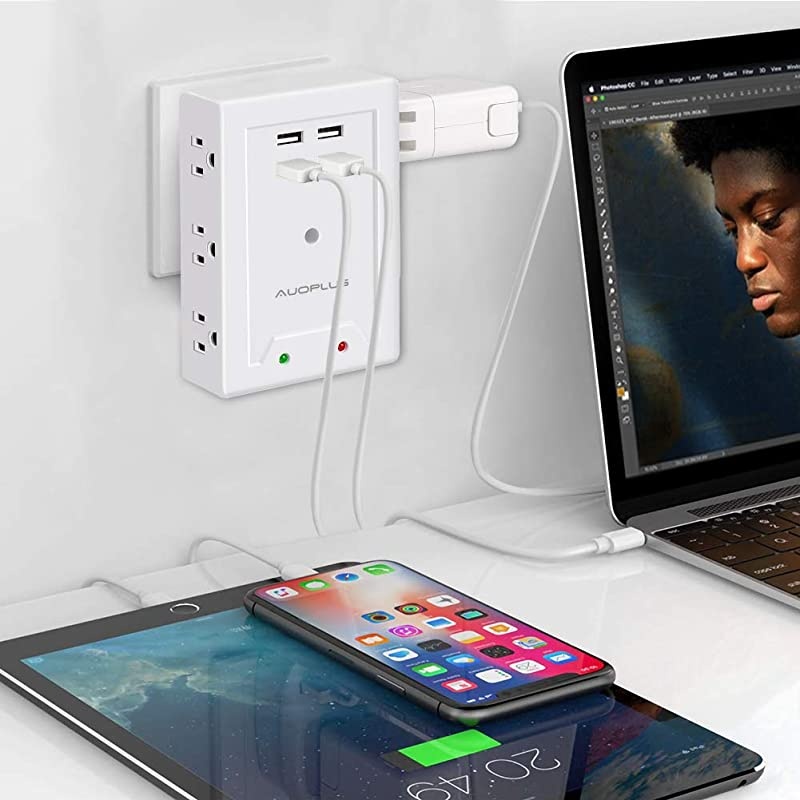 Outlet Wall Adapter AUOPLUS Power Strip with 6 AC Outlets and 4 USB Ports5V31A Mountable Grounded Surge Protector Portable Outlet Extender for TV Computer Laptops Smartphone Home Office