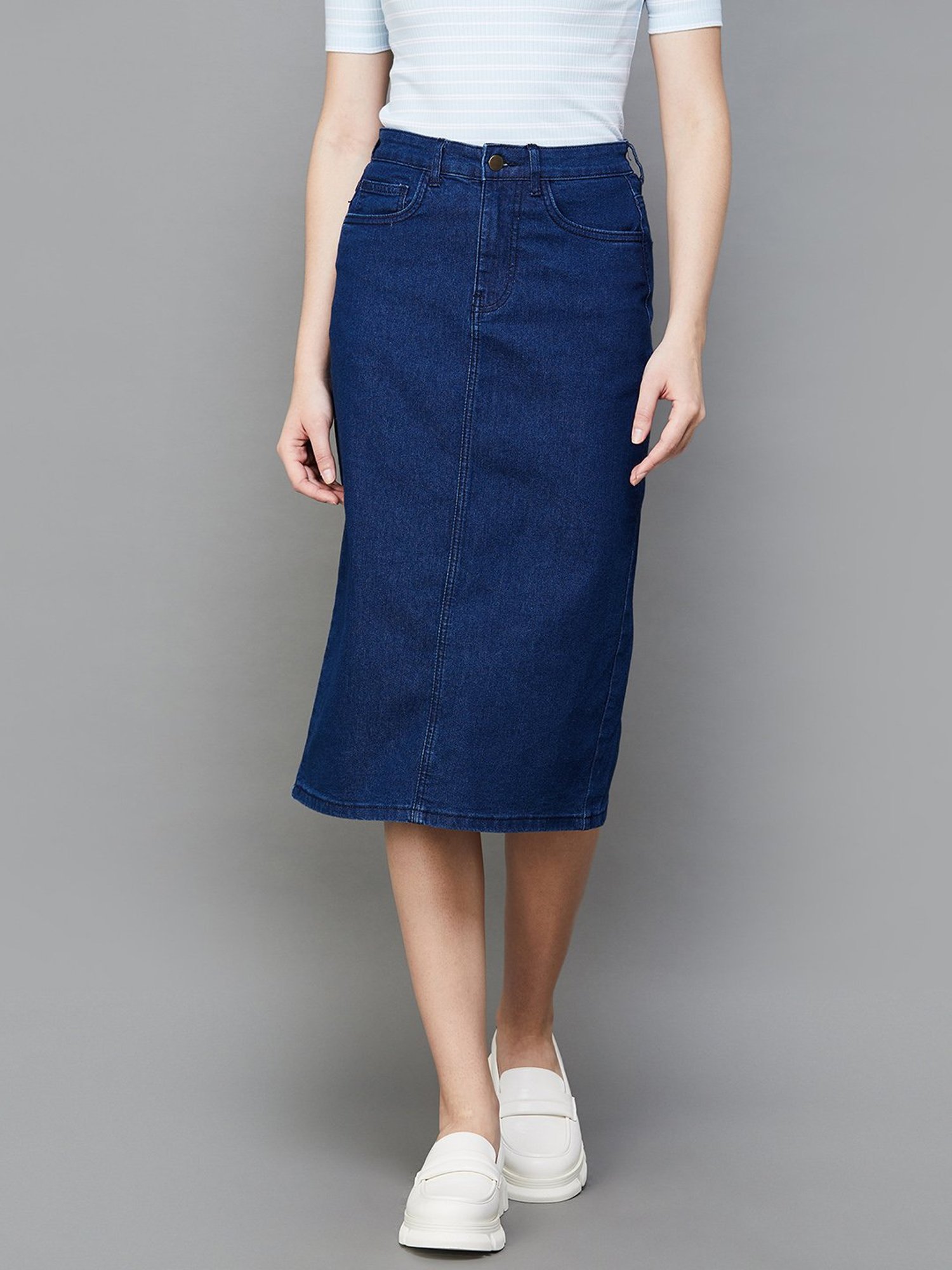 Code by Lifestyle Blue Cotton Midi Skirt