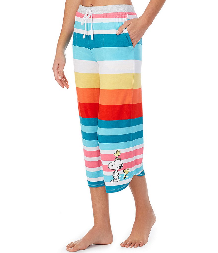 Peanuts Striped Print Jersey Knit Sleep Capri Drawstring Pants