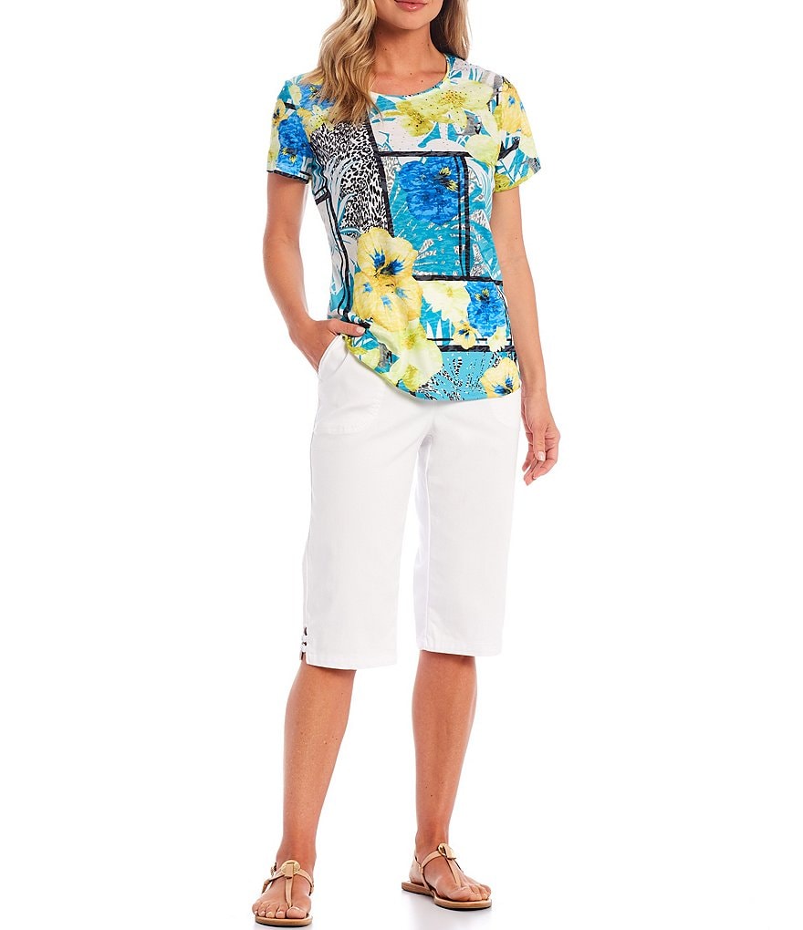 Allison Daley Hibiscus Patchwork Print Embellished Front Detail Crew Neck Short Sleeve Top