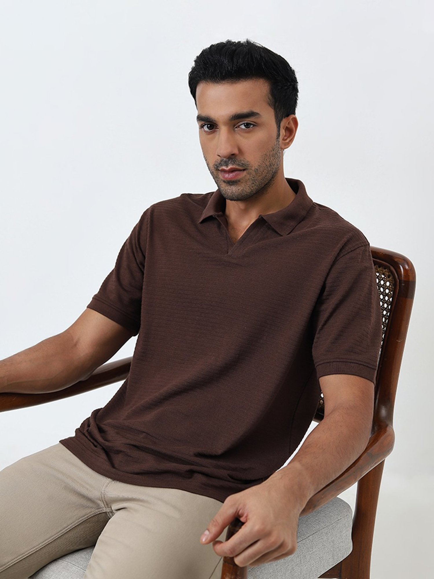 WES Casuals by Westside Brown Self-Striped Relaxed-Fit Polo T-Shirt