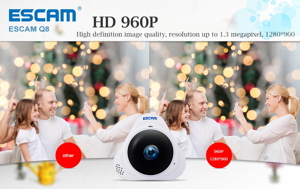 ESCAM Q8 360 Degree Panoramic WiFi IP Camera 960P Fisheye Lens BLACK US Plug