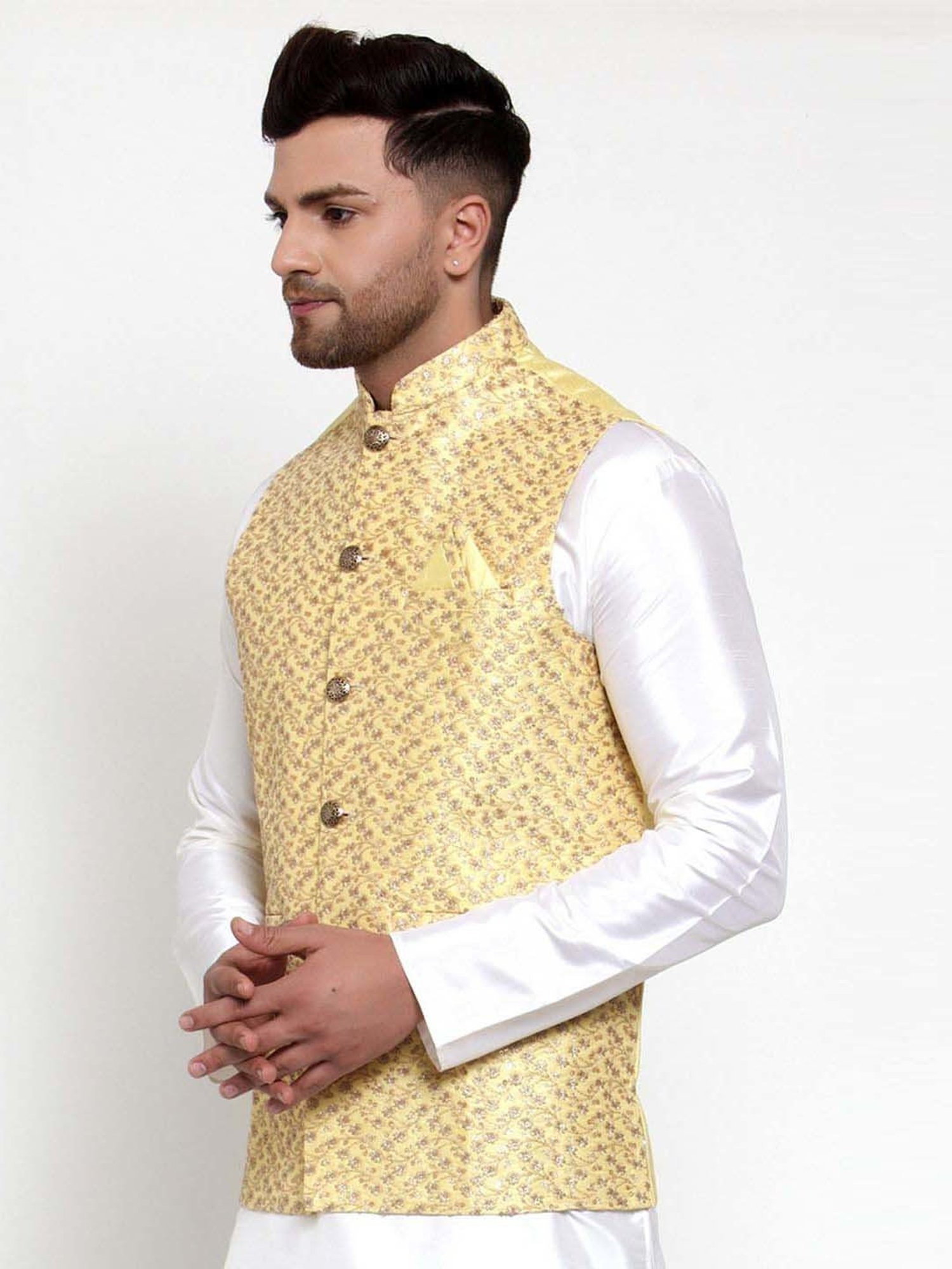 Jompers Yellow Regular Fit Embroidered Nehru Jacket