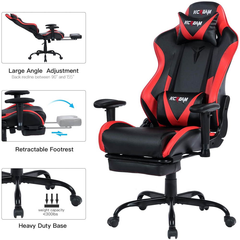 KCREAM PU Leather Swivel Chair Gaming Chair with Footrest Ergonomic Office Chair Headrest Lumbar Support Comfortable Large Size High Back Adjustable Reclining Computer Desk Chair