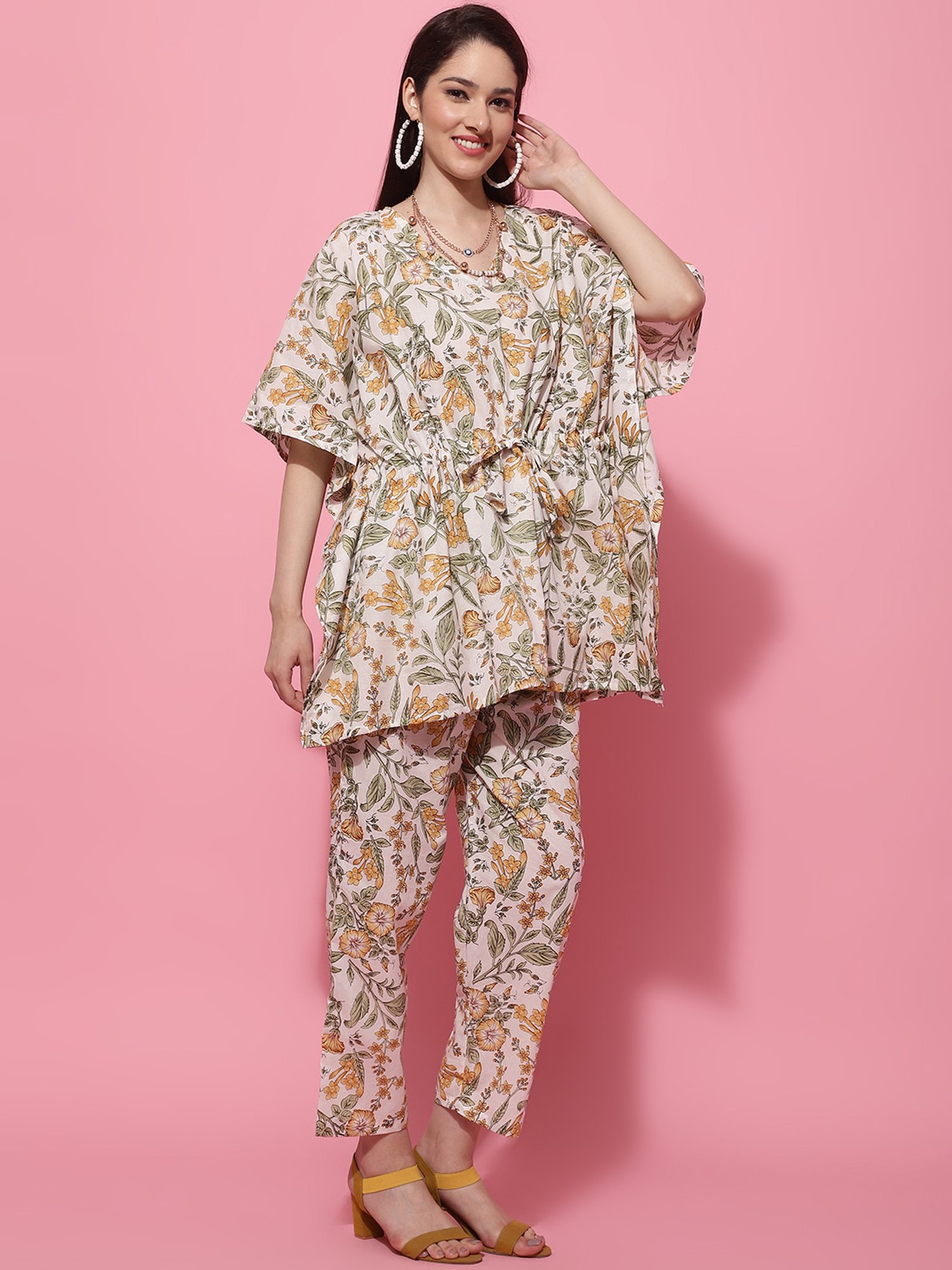 TAG 7 Yellow & White Cotton Floral Print Kaftan Pants Set