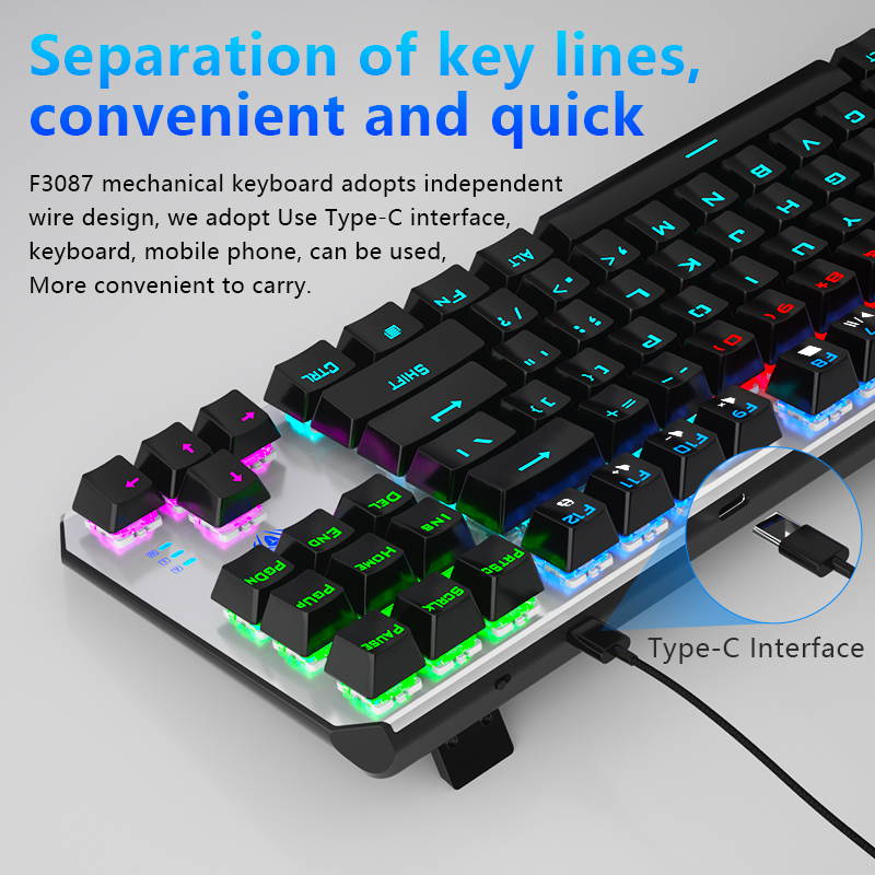 Mechanical Gaming Keyboard Wired with 87 Keys Anti-Ghosting Programmable RGB Rainbow Backlit for Laptop Games and Work (Blue Switch, Black)