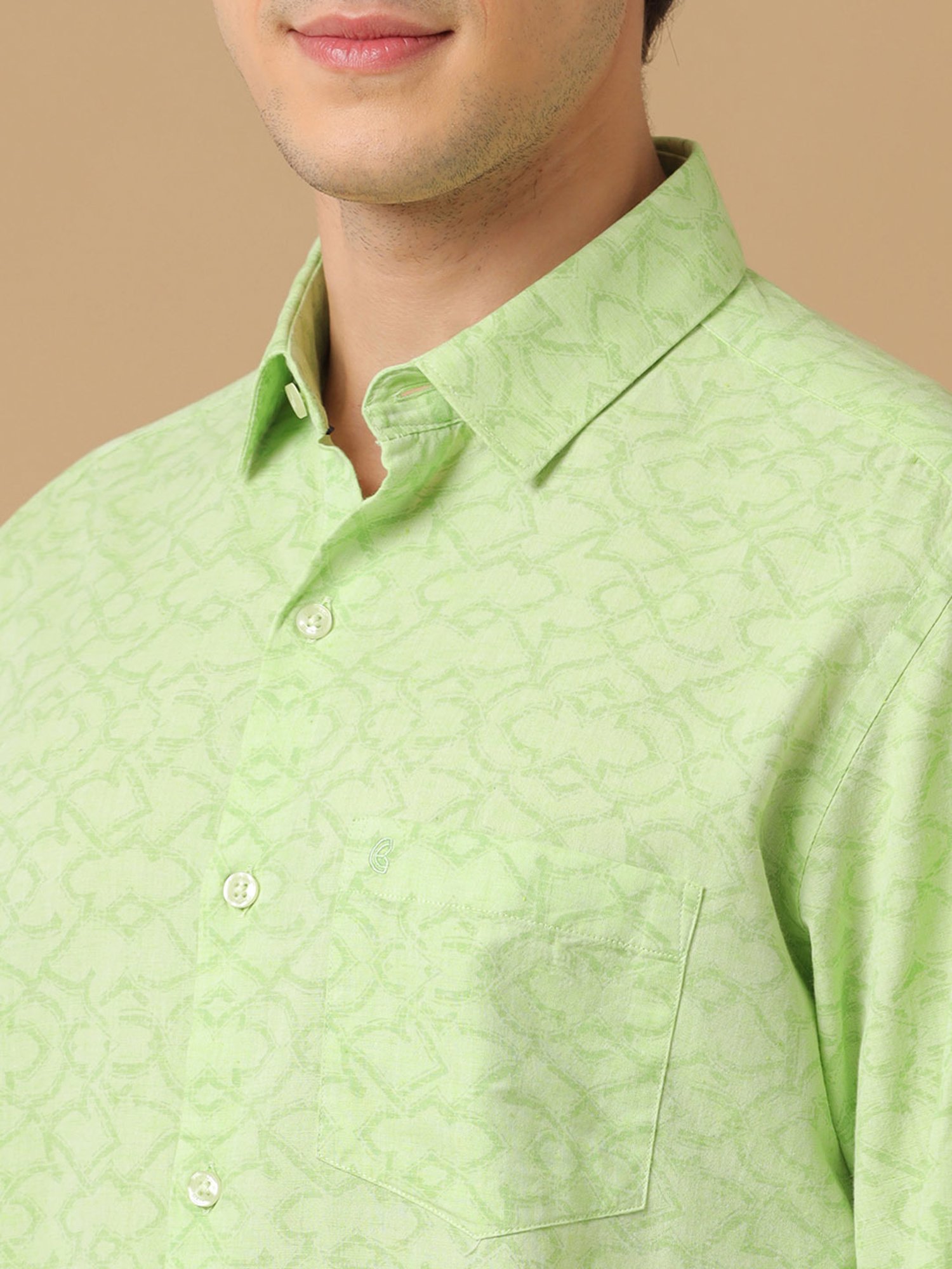 CAVALLO by Linen Club Green Contemporary Fit Printed Shirt