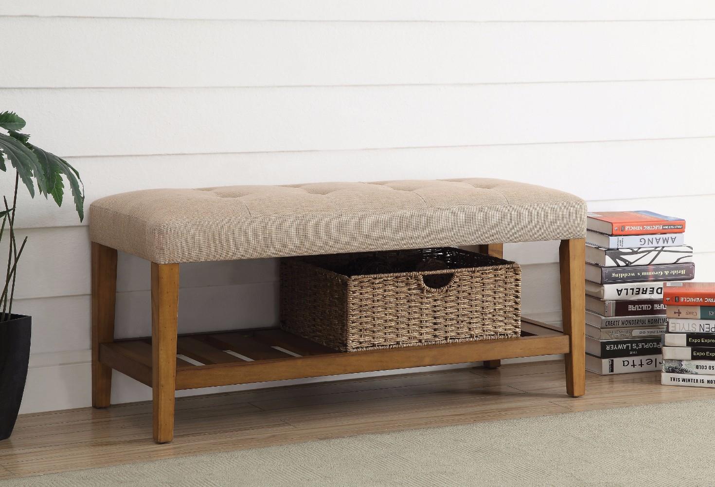 Benzara BM158809 Wooden Bench, Beige & Oak Brown