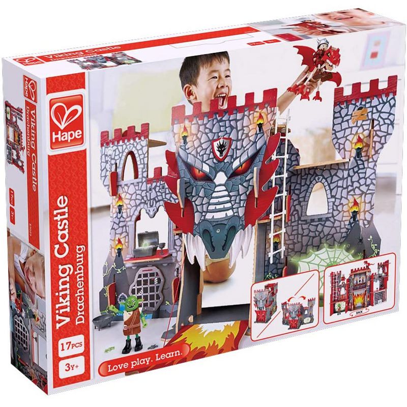 Hape Kid's Foldable Wooden Viking Dragon Castle Dollhouse Play Set with Magic Accessories and Action Figures