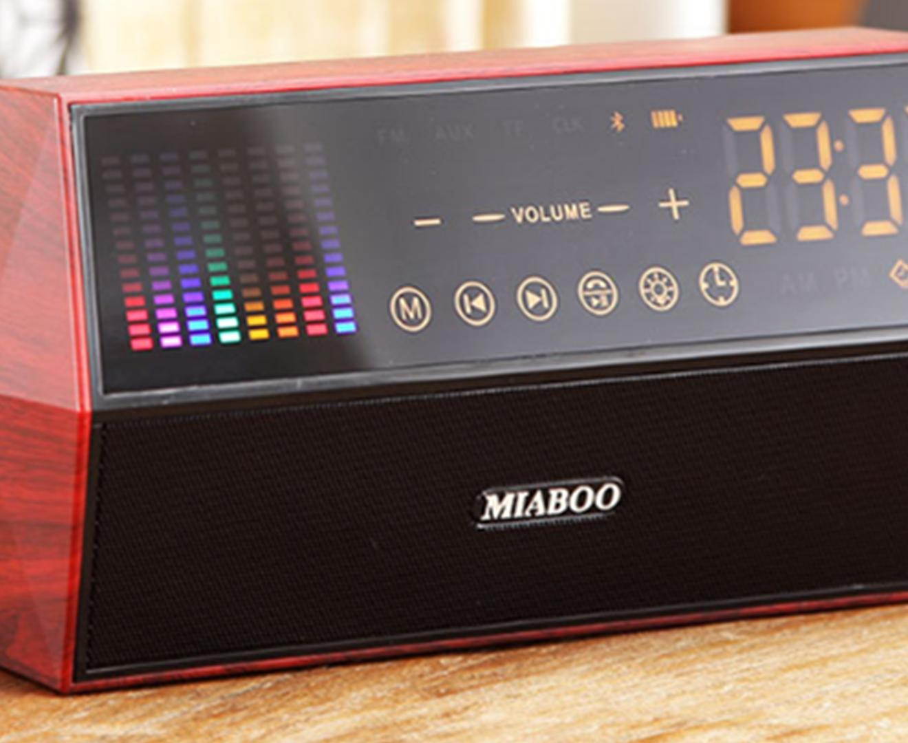 Select Mall Woodgrain Audio Smart Wireless Bluetooth Speaker Retro Clock Alarm Clock Radio with Display-Red