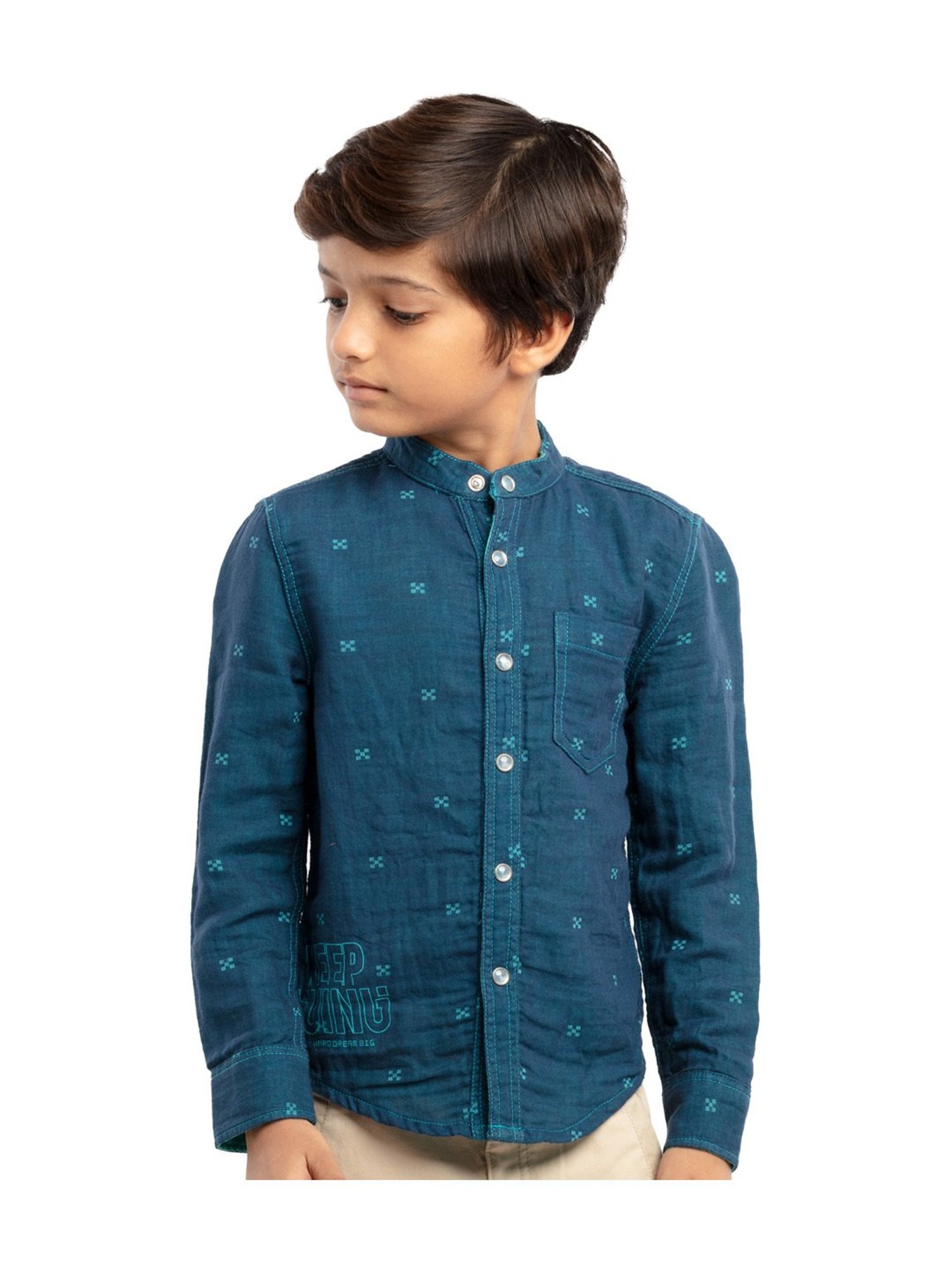 Under Fourteen Only Kids Blue Printed Full Sleeves Shirt
