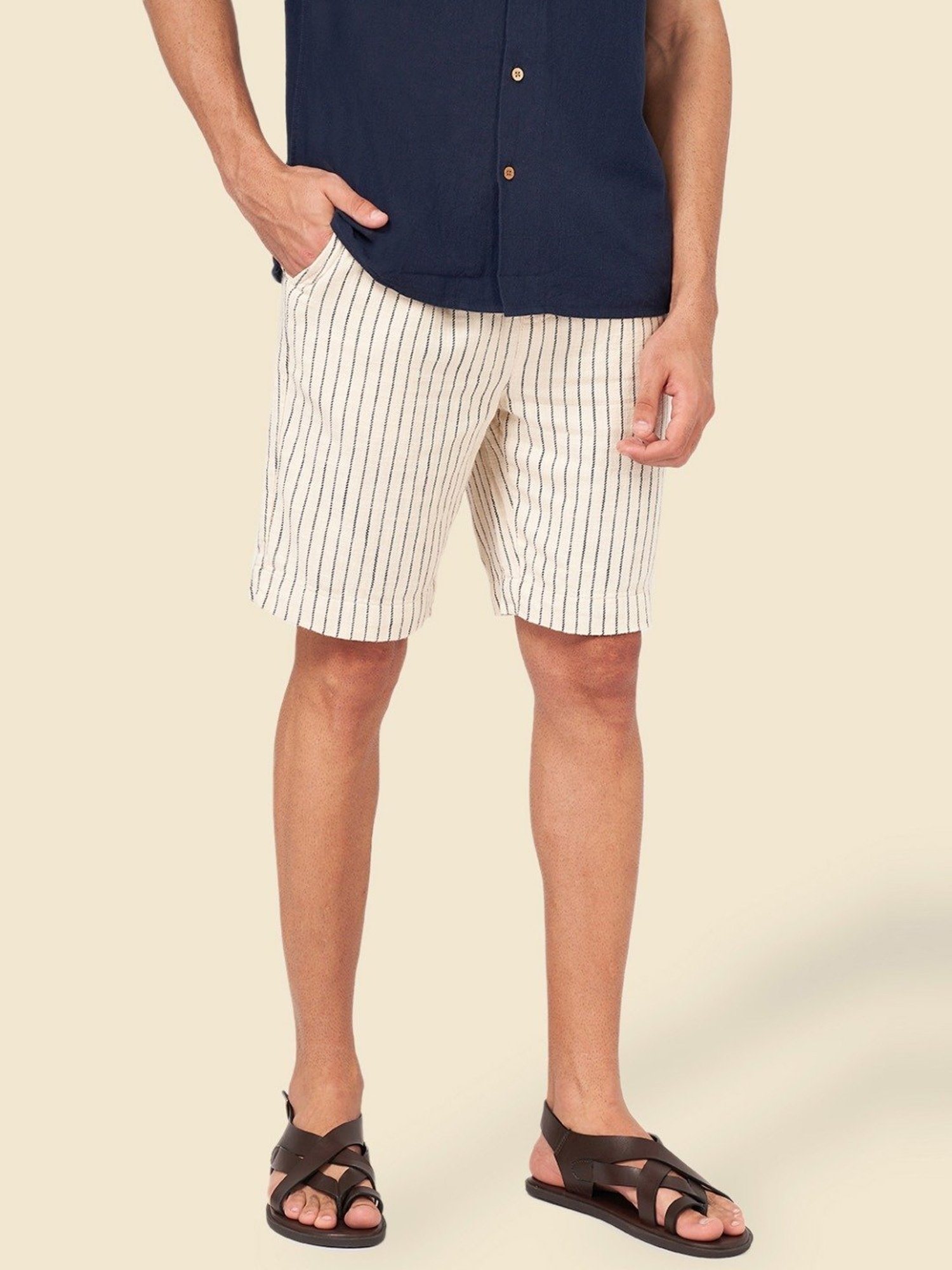7 Alt by Pantaloons Off White Cotton Slim Fit Striped Shorts