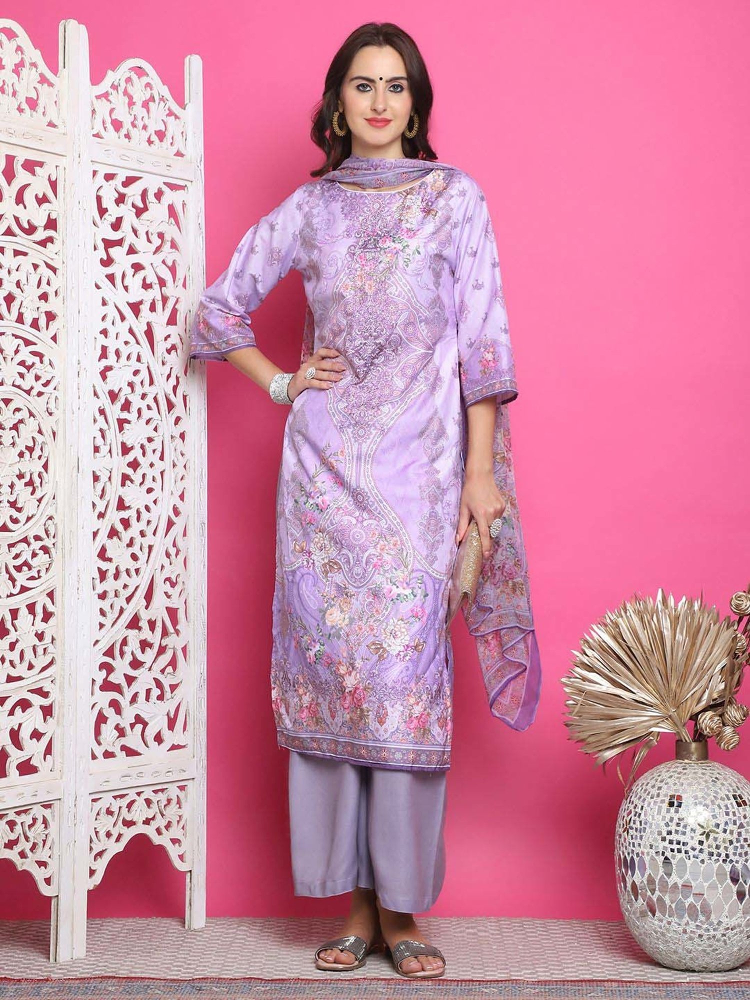 Stylee LIFESTYLE Lavender Printed Unstitched Dress Material