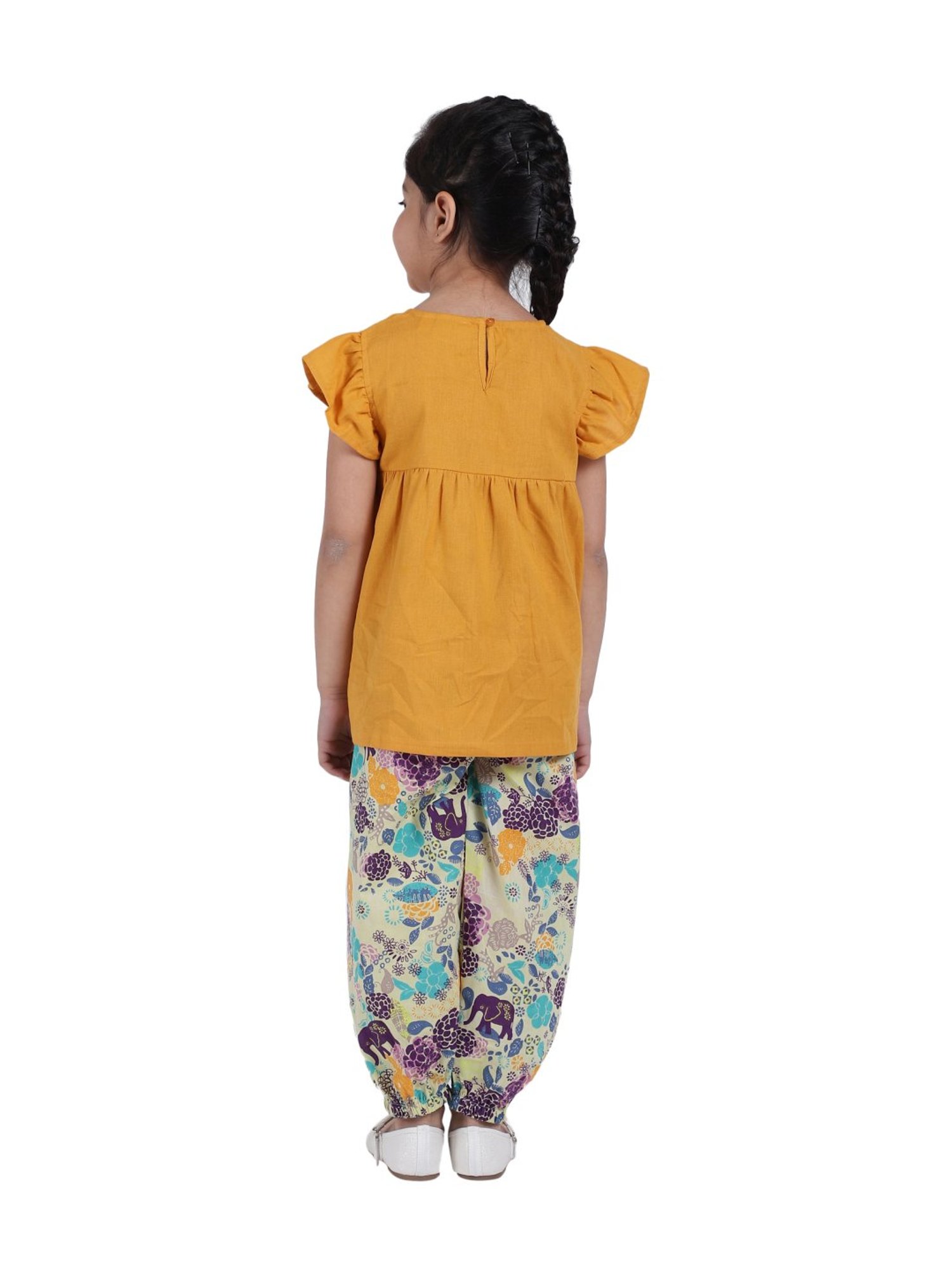 BownBee Kids Orange Cotton Floral Print Kurta & Harem Pants
