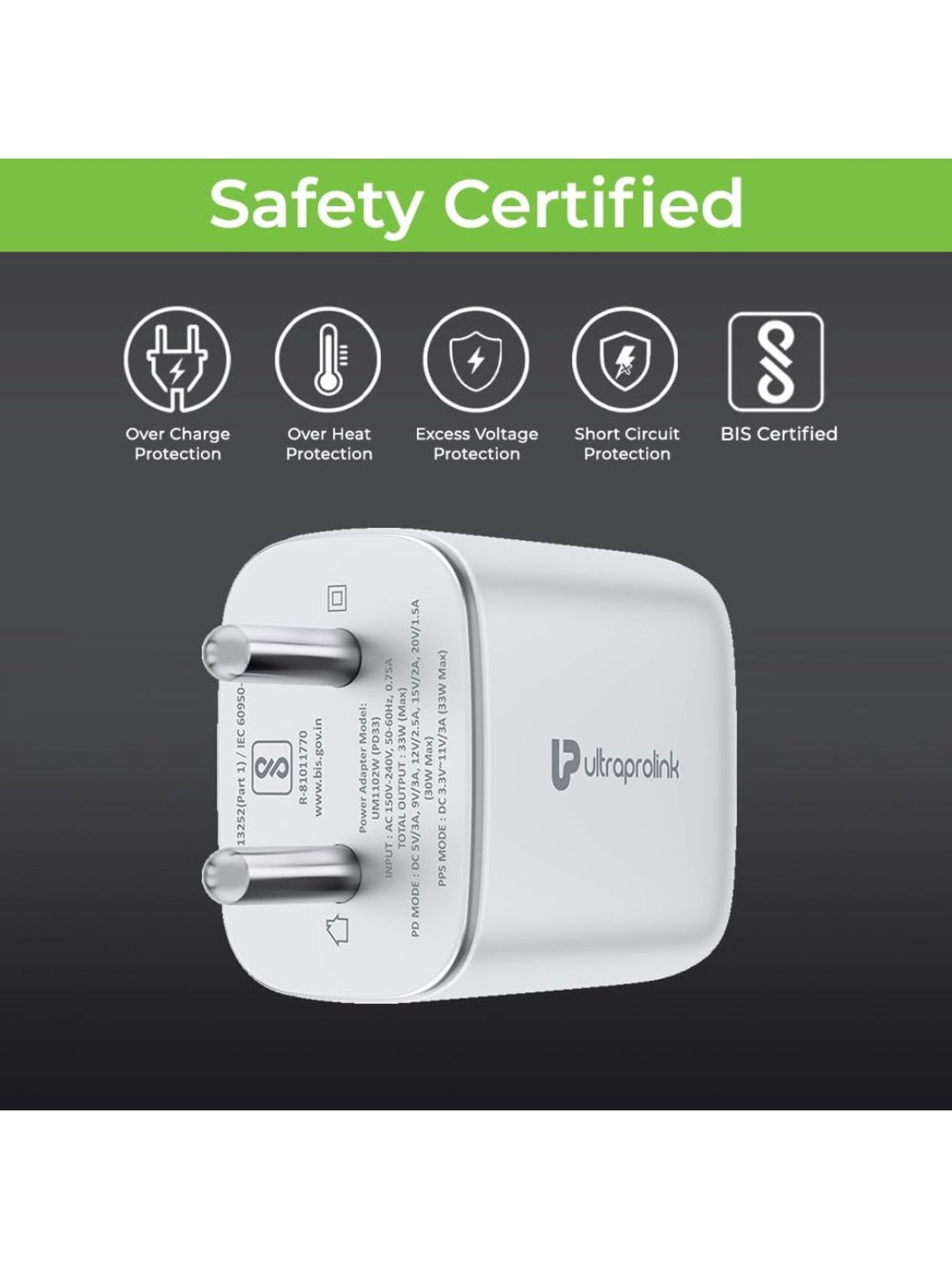 UltraProlink UM1102L Boost PD33L 33W GaN Charger With Type C Port, Type C to iPhone Cable (White)