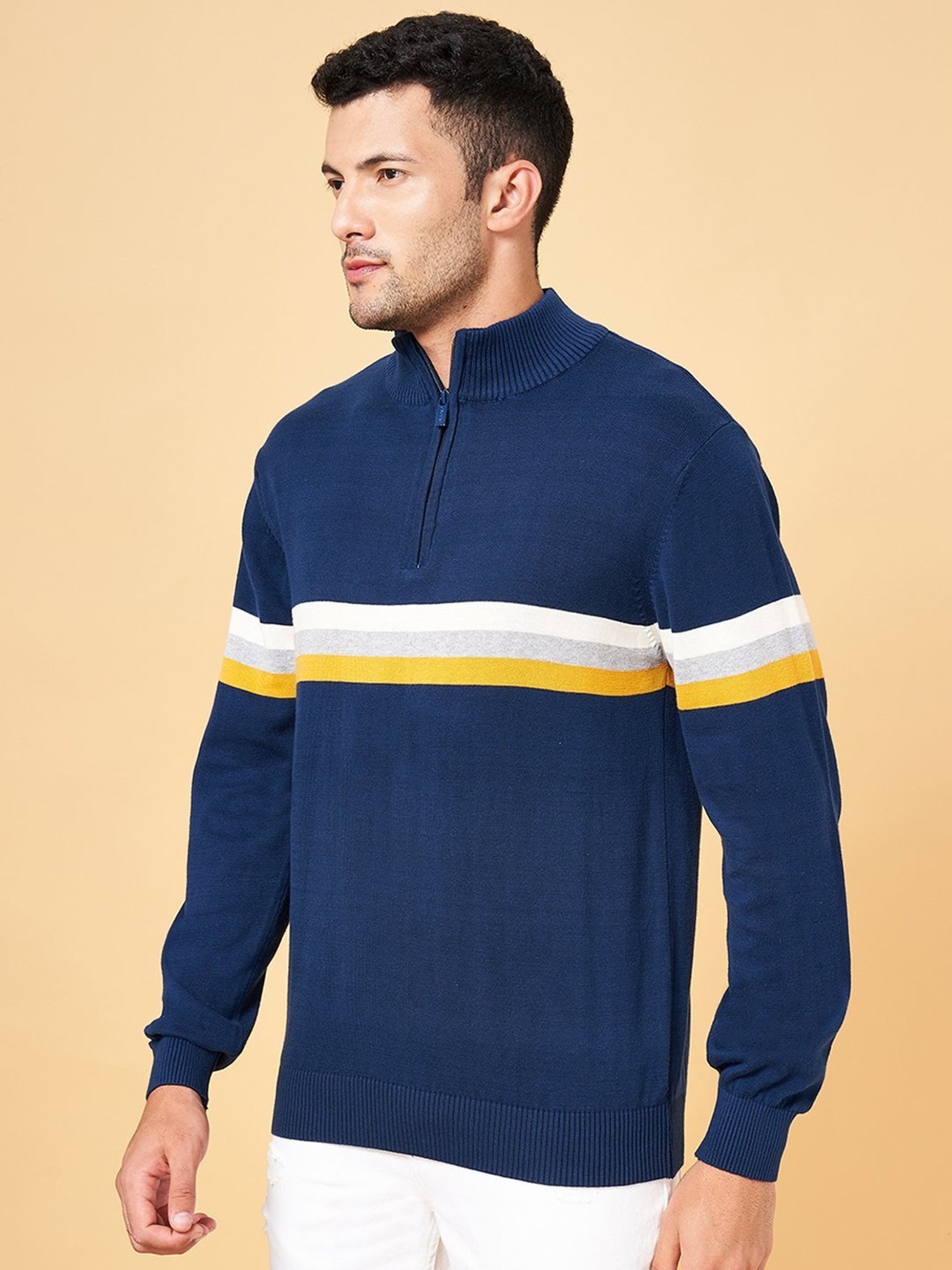 Byford by Pantaloons Blue Cotton Slim Fit Striped Sweater