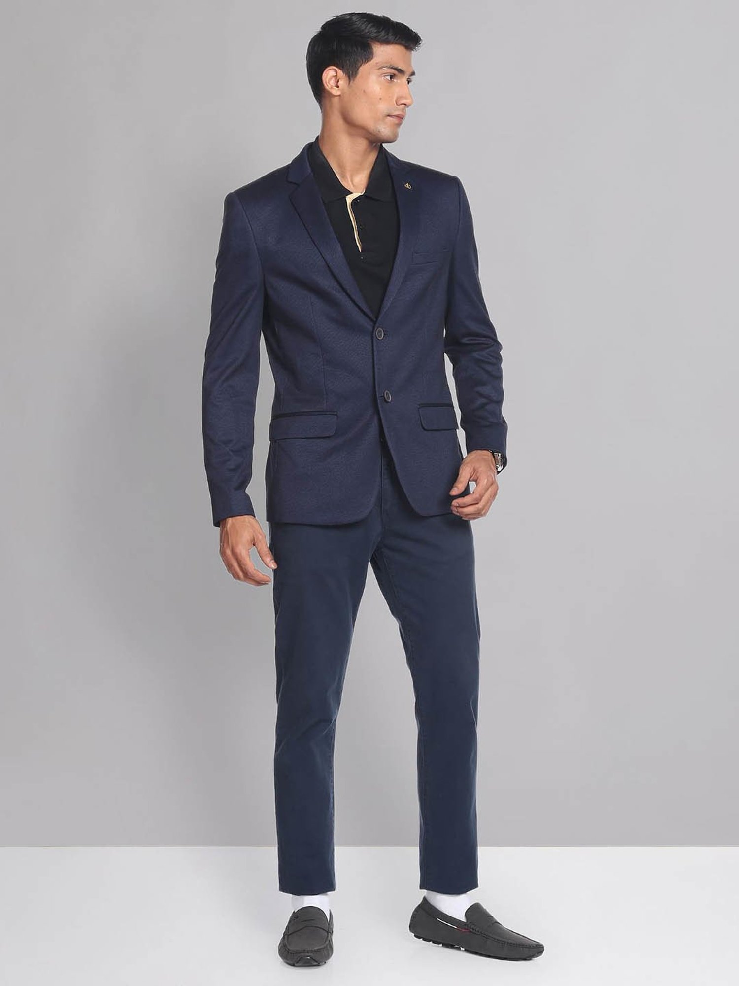 AD by Arvind Navy Slim Fit Self Design Blazer