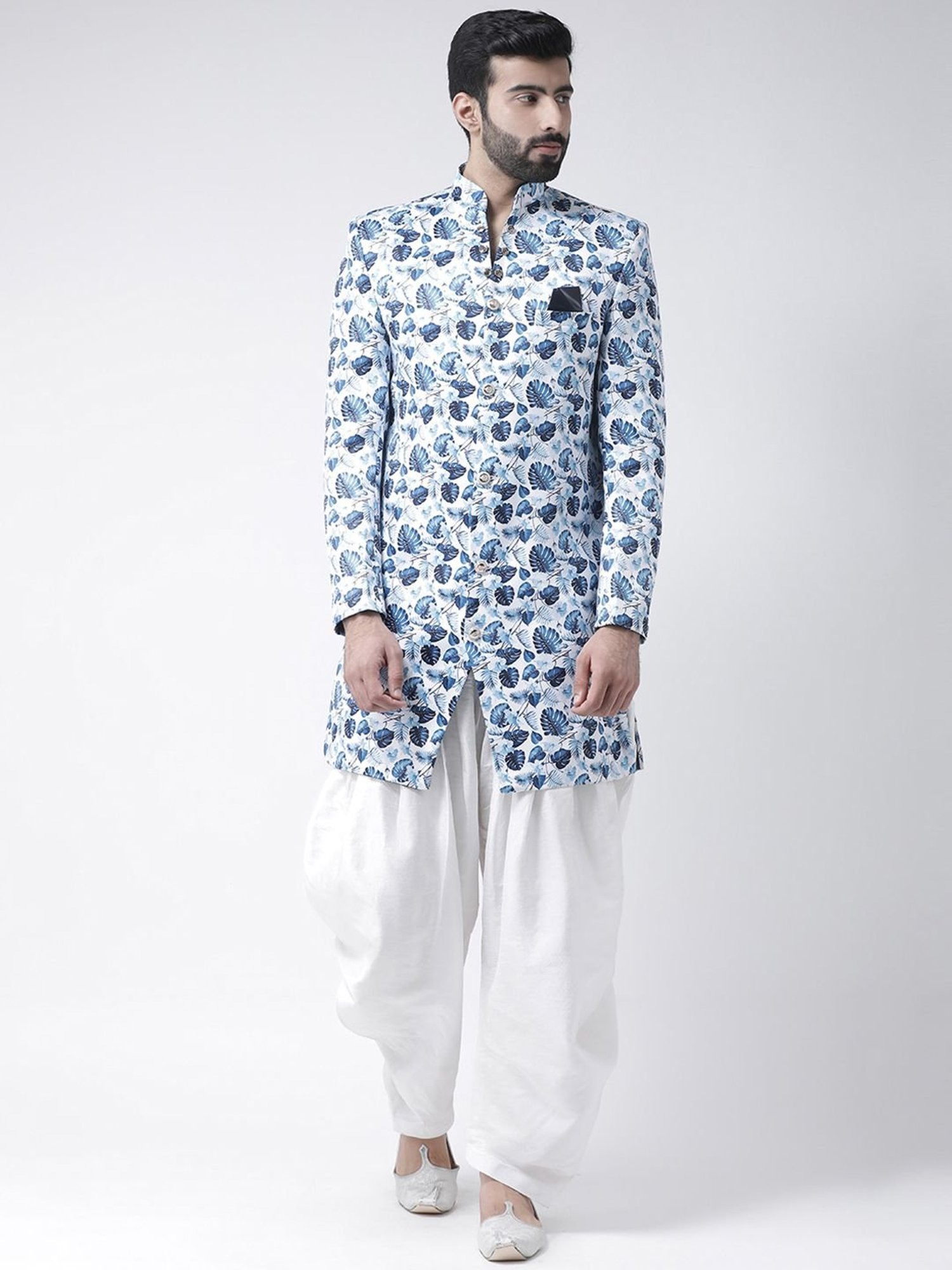 Hang up White & Blue Regular fit Printed Sherwani