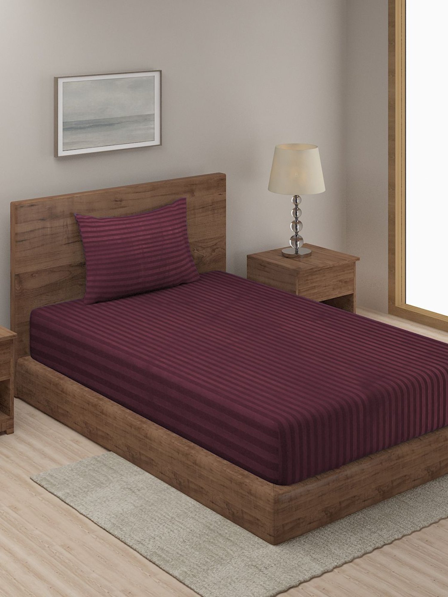 Hosta Homes Stripes Purple 280 TC Poly Satin Fitted Single Bed Sheet with 1 Pillow Cover