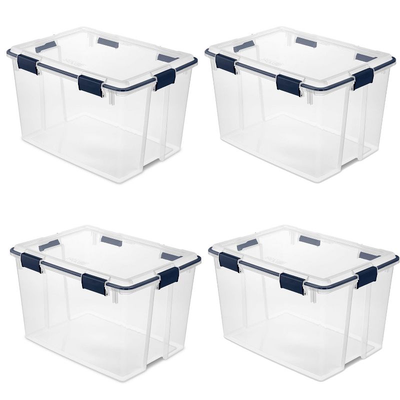 Sterilite 80 Quart Home Organization Kitchen Clear Plastic Gasket Box Storage Container Tote Bin with  Latched Lid, Clear/Blue Cove (4 Pack)