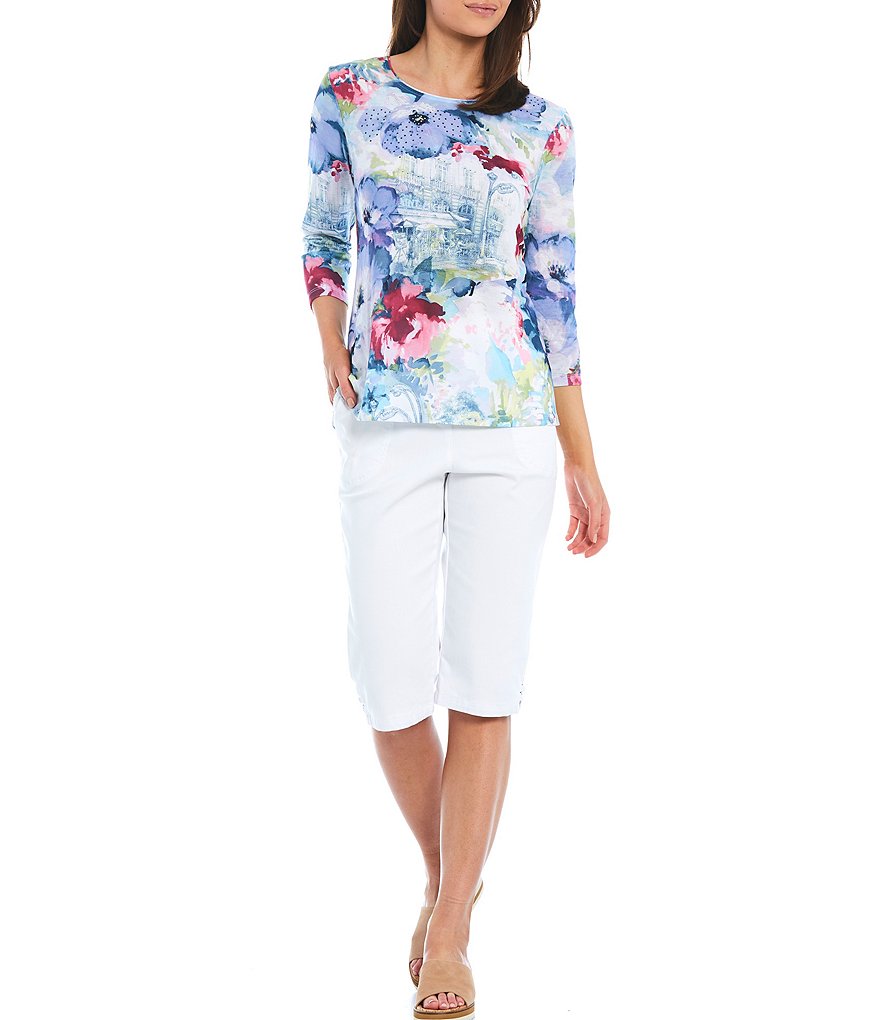 Allison Daley Petite Size French Bistro Print Rhinestone Embellished Detail 3/4 Sleeve Crew Neck Top