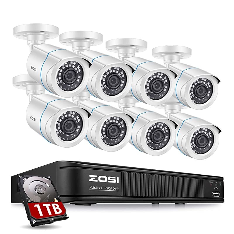 1080P H.265+ Home Security Camera System,5MP Lite 8 Channel CCTV DVR Recorder with Hard Drive 1TB and 8 x 1080p Weatherproof Bullet Camera Outdoor Indoor with 80ft Night Vision, Motion Alerts