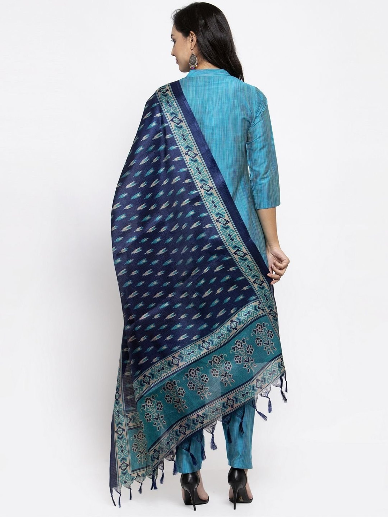 Jompers Blue Striped Kurta Pant Set With Dupatta