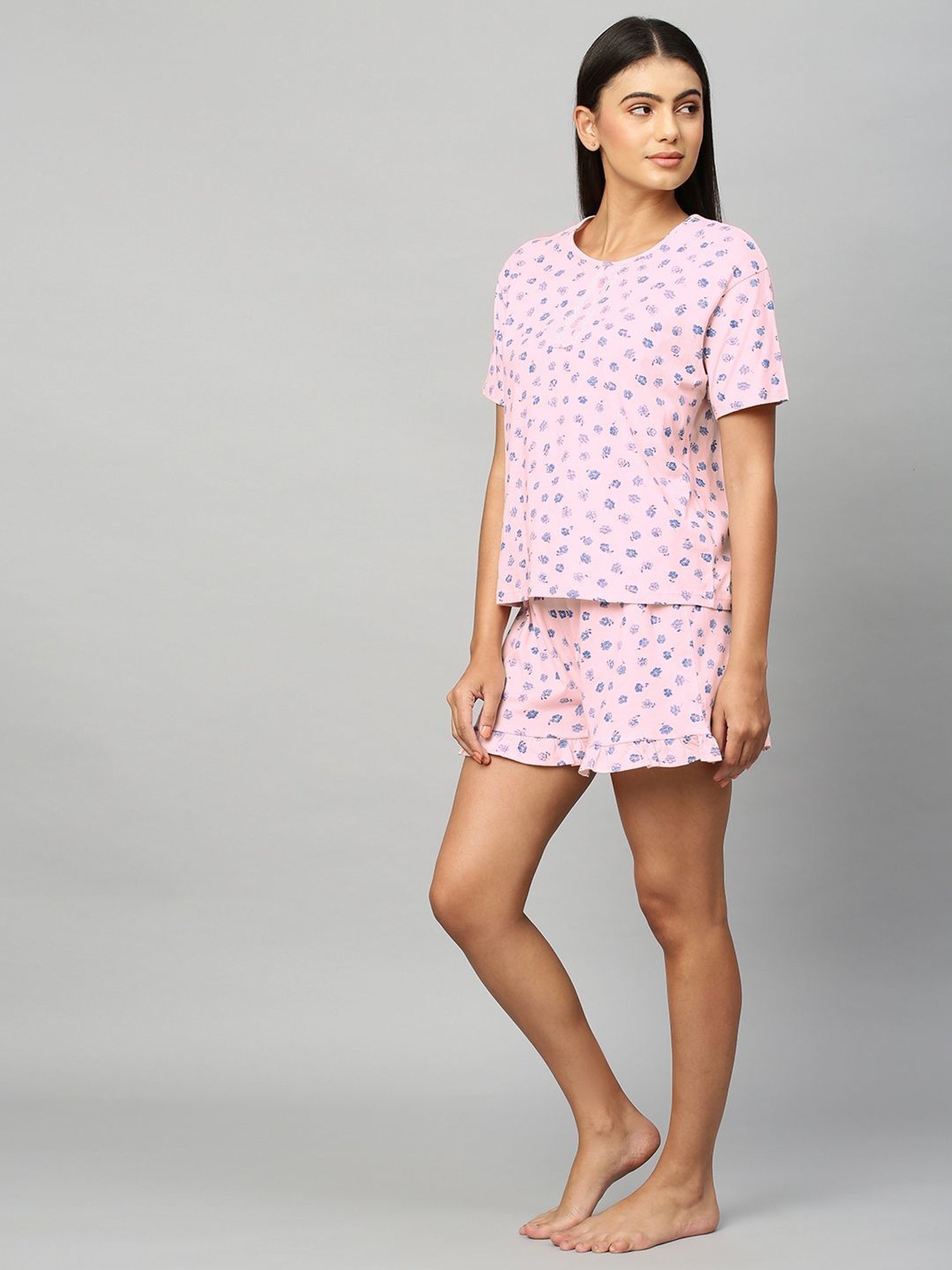 Chemistry Pink Cotton Floral Print T-Shirt With Shorts