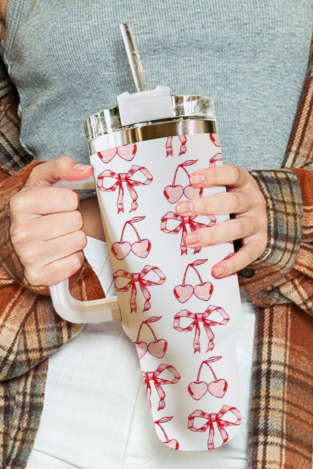 Pink Checkered Print Handled Stainless Steel Tumbler Cup