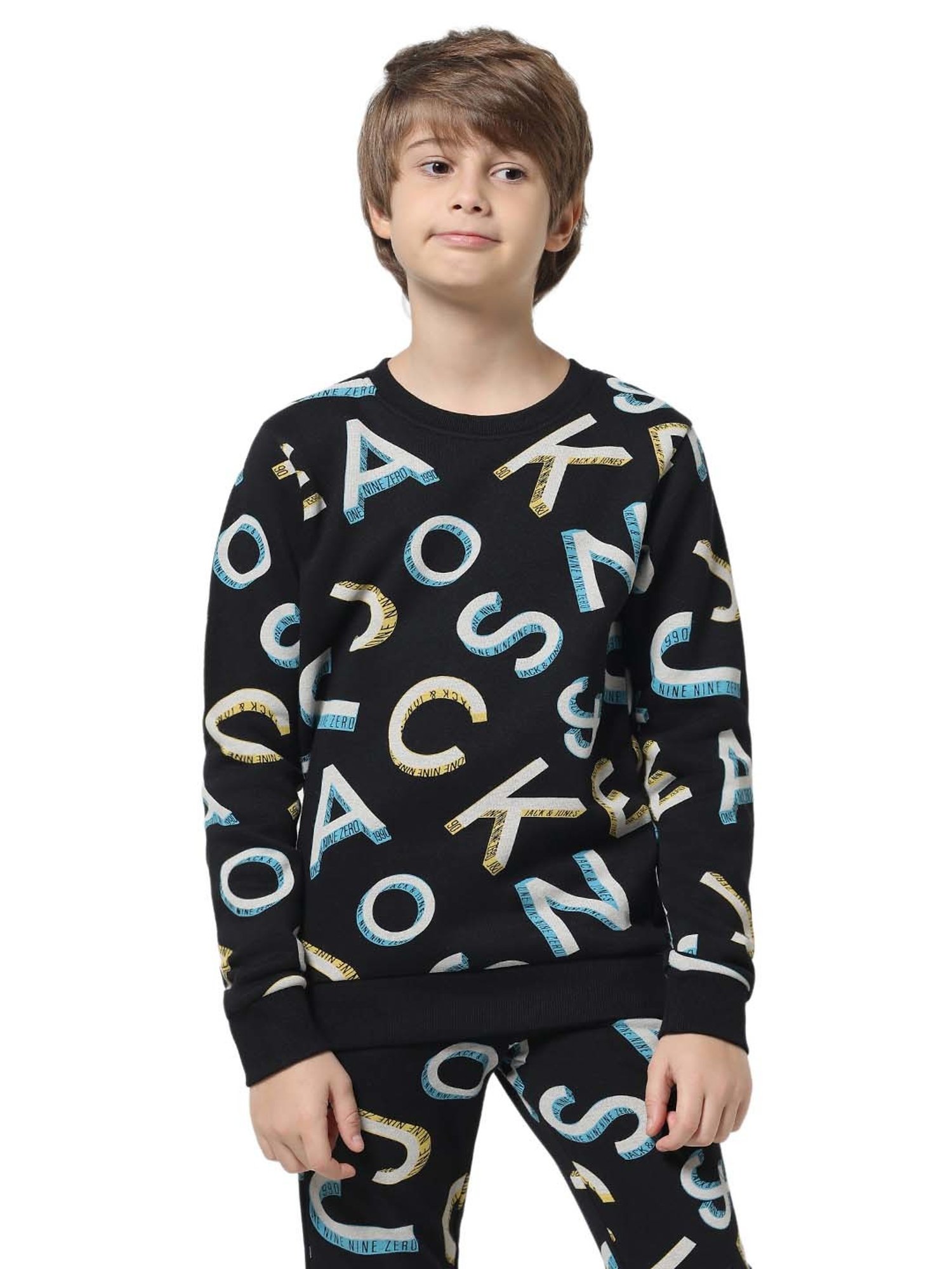 Jack & Jones Junior Jet Black Printed Full Sleeves Sweatshirt