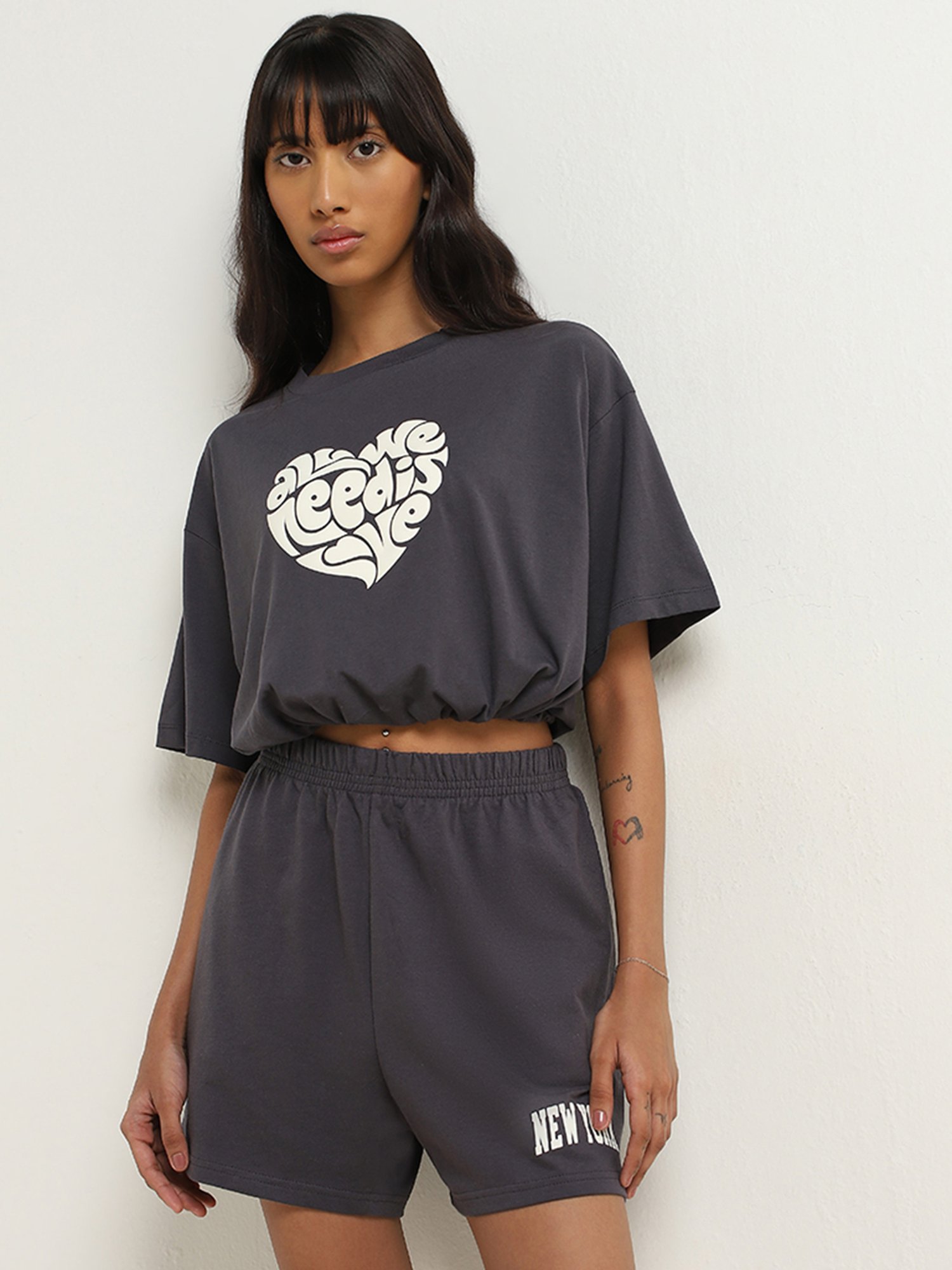 Superstar by Westside Grey Text Patterned Cotton T-Shirt