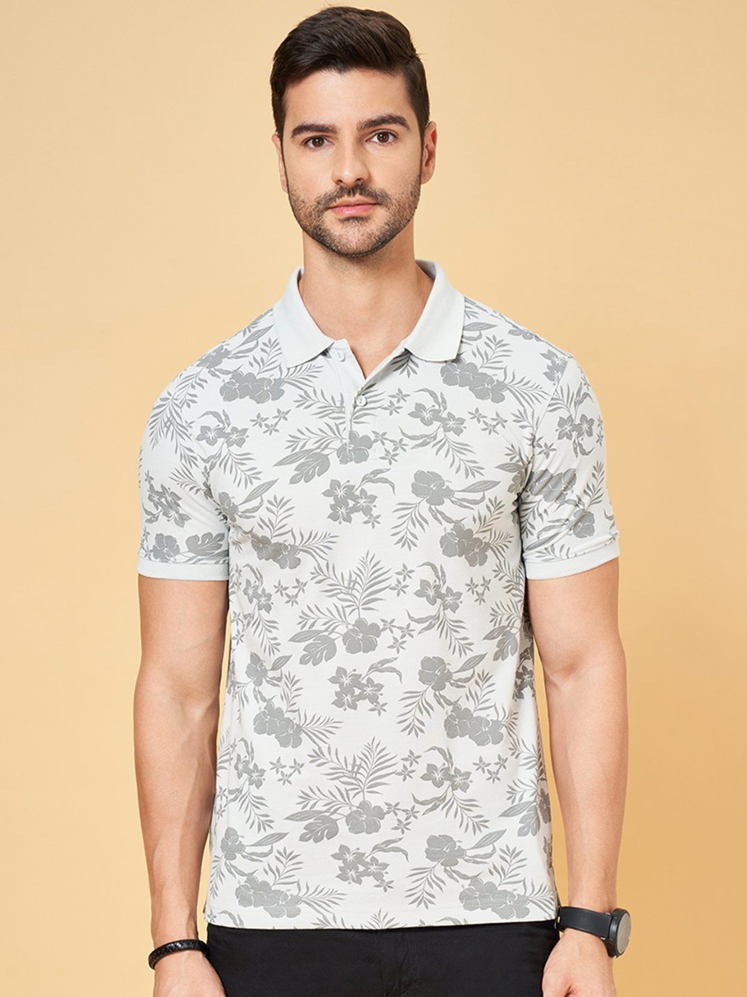 Byford by Pantaloons Light Grey Cotton Slim Fit Printed Polo T-Shirt