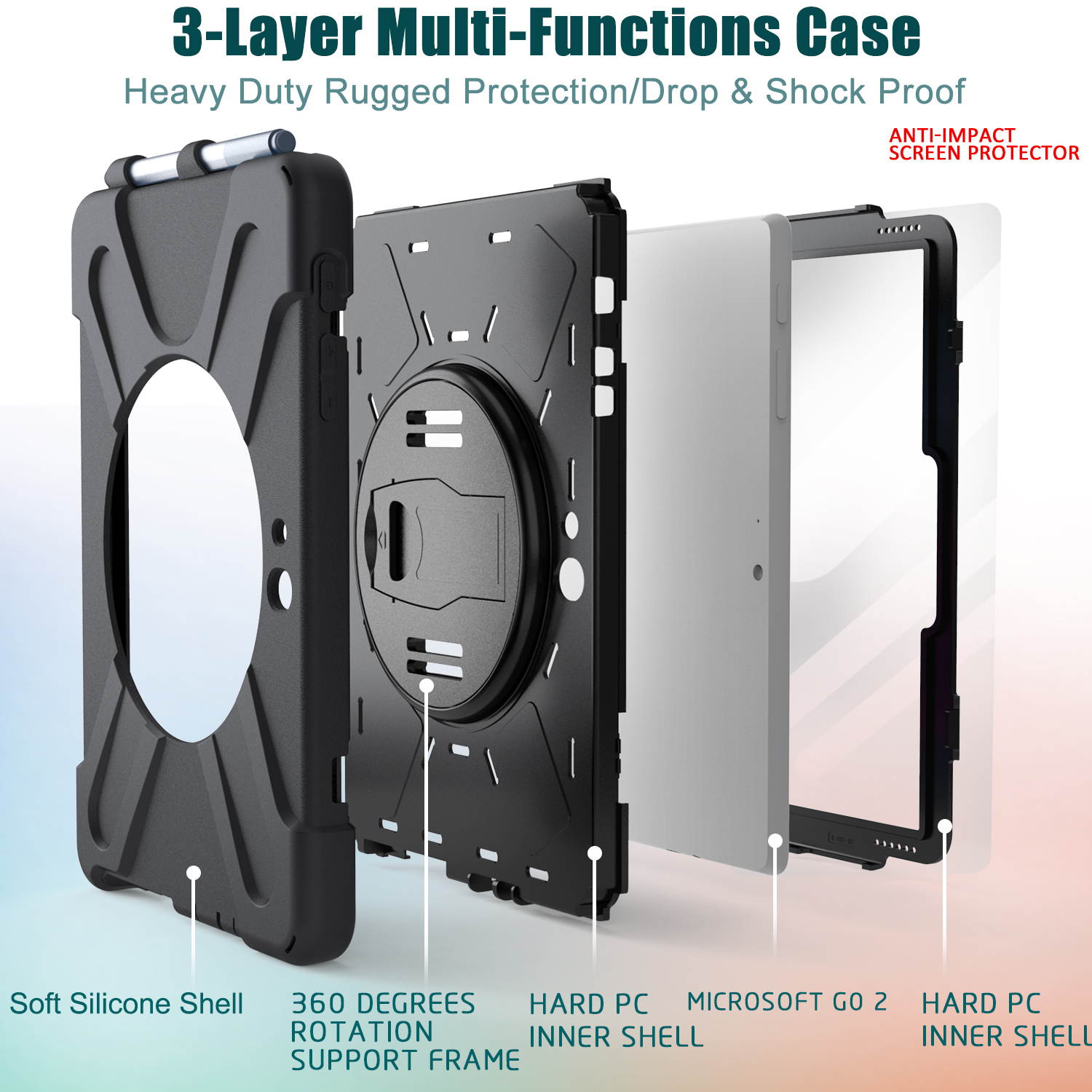 Case for Microsoft Surface Go 2 10.5 inch 2020 / Surface Go 10 inch 2018 with with Pen Holder, Hand Strap & Shoulder Strap Shockproof Protective Stand Cover