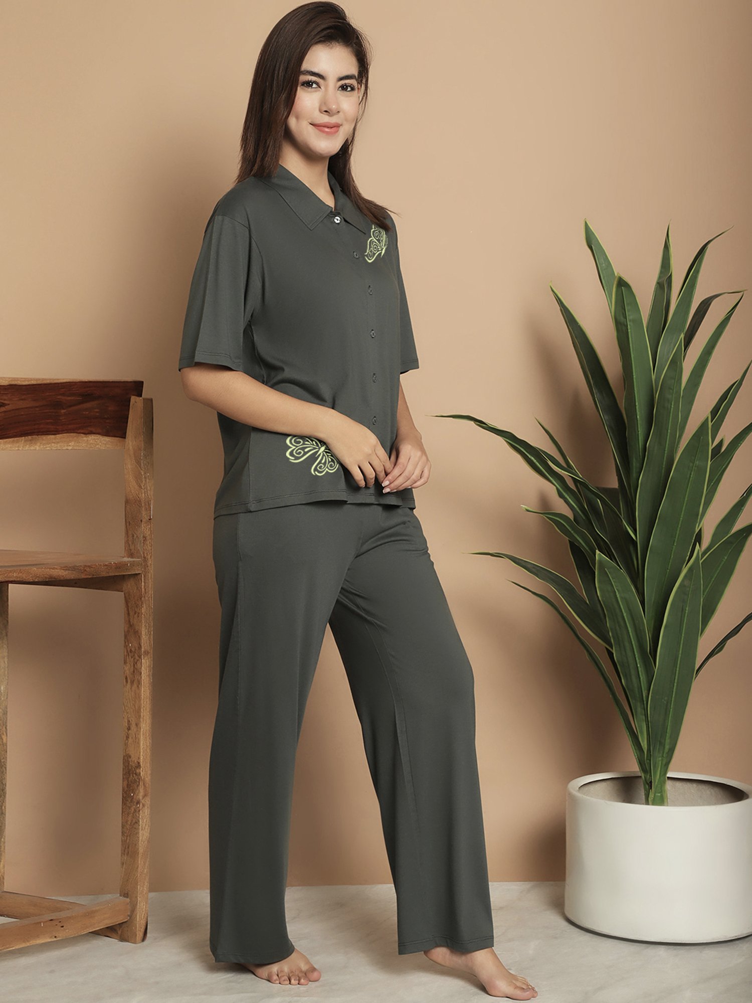 Kanvin Green Cotton Printed Shirt Pyjamas Set