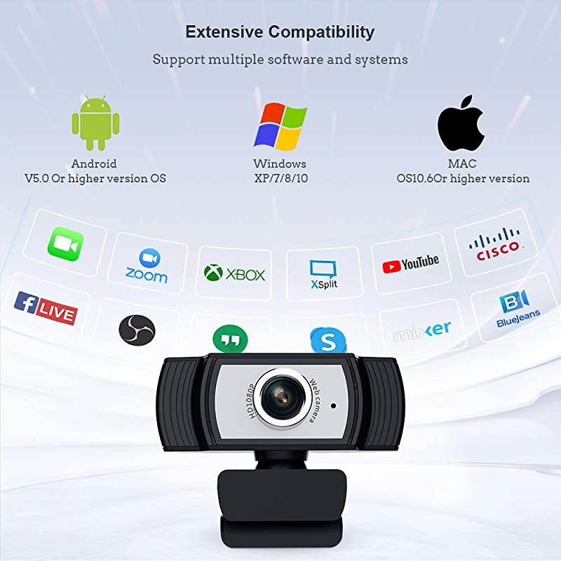 Webcam with Microphone PORTHOLIC HD PC Desktop Computer Web Cam with AUTO Face Focus 360&deg;Rotatable USB Smart TV Web Camera for Skype Live Stream Zoom Video Chat Recording Conferencing