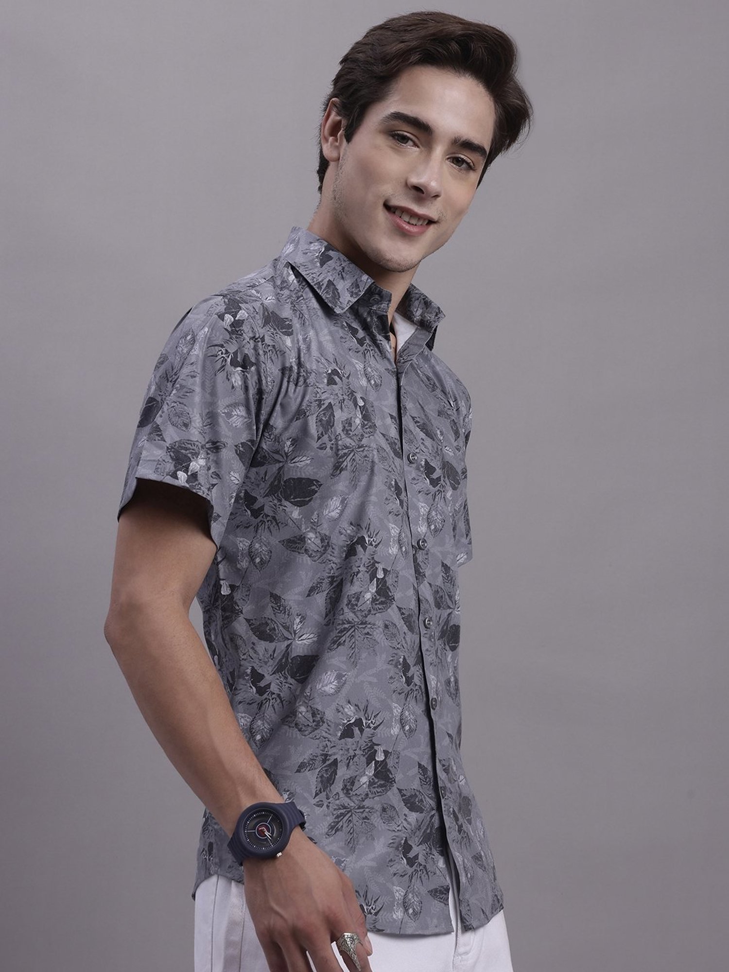 Jainish Charcoal Regular Fit Floral Print Shirt