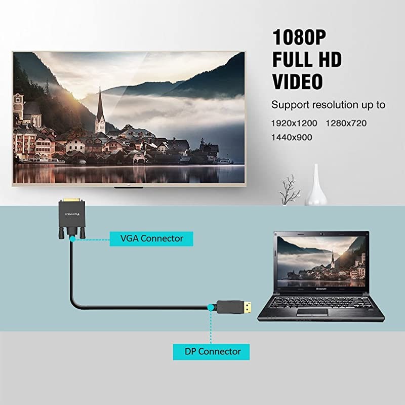 to VGA CableDisplayPort to VGA Monitor Cable 18mMale Display Port to VGA Male Adapter Cordin VGA out Video Converter Lead 1080P60Hz for LenovoHPDellASUS LaptopPCDesktop to TVProjector