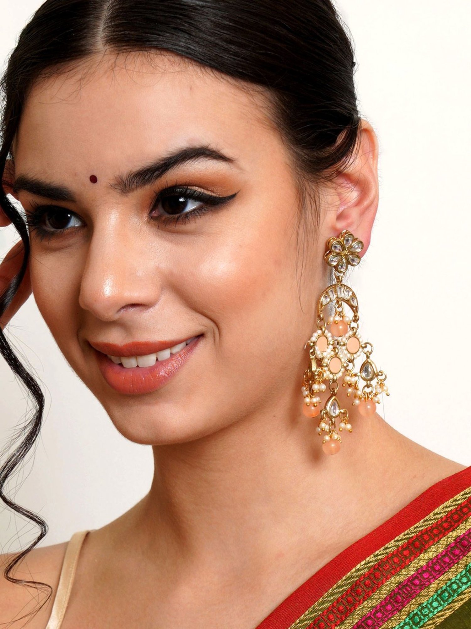 Karatcart Gold-Plated Peach Meena Kundan Dangler Earrings