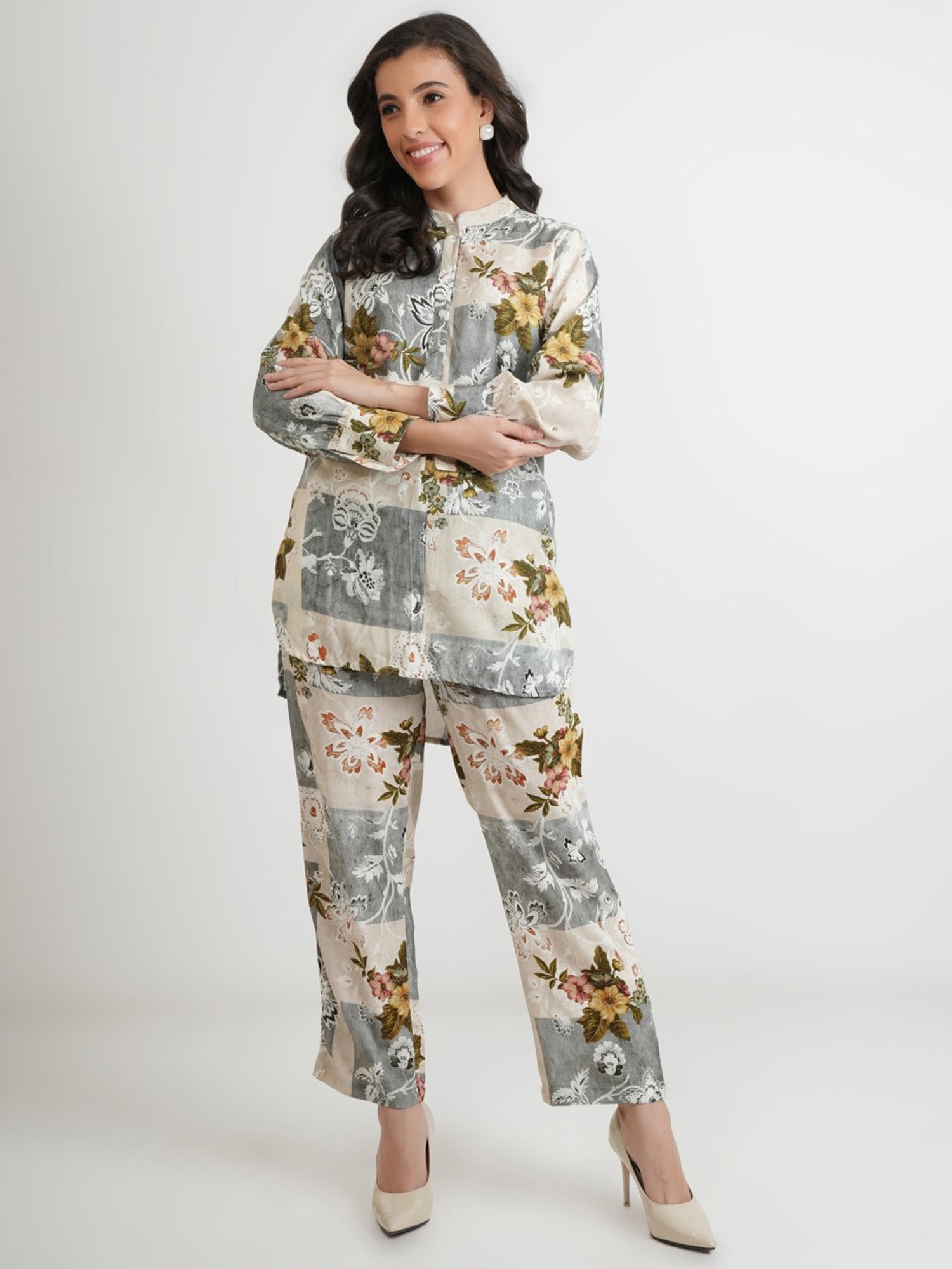 Zolo Label Grey Floral Print Top Pant Set