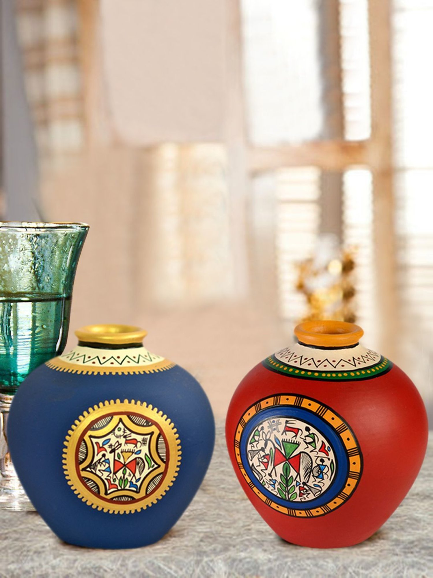 ExclusiveLane Combo Of Terracotta Handpainted Vases