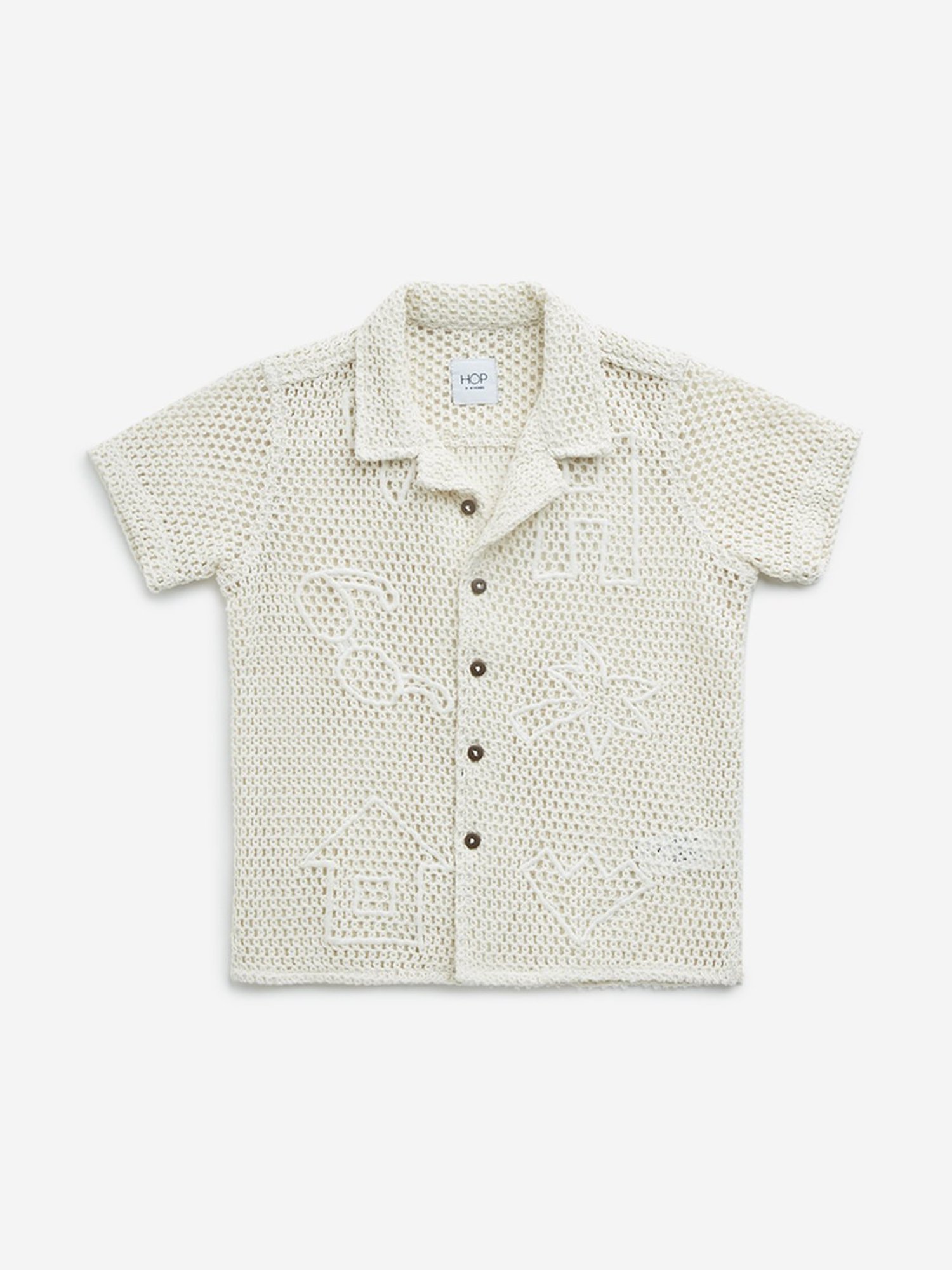 HOP Kids by Westside Off-White Knitted Resort-Fit Cotton Shirt