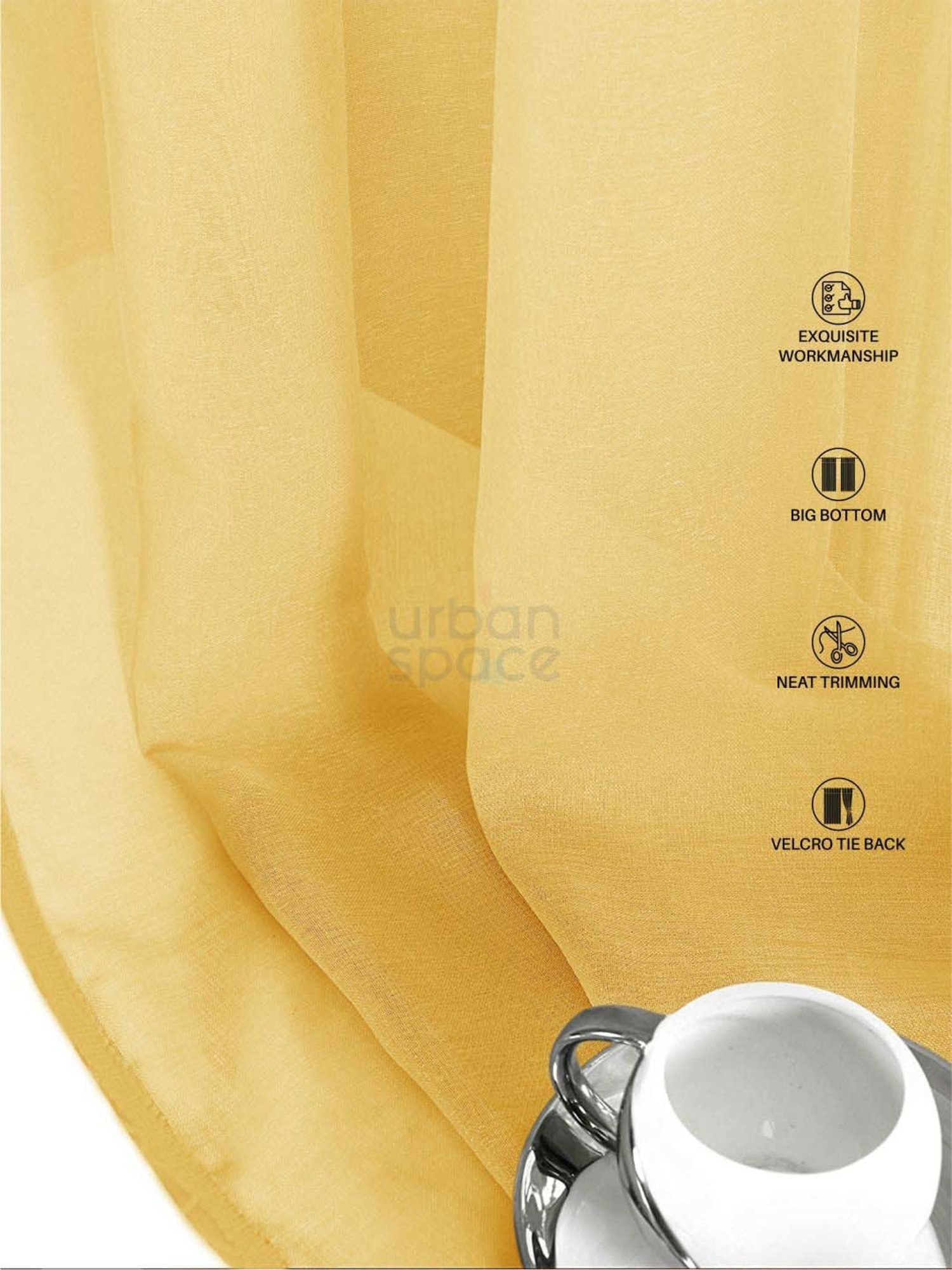 Urban Space Yellow Polyester Window Curtain With Tieback & Eyelet - Set of 2