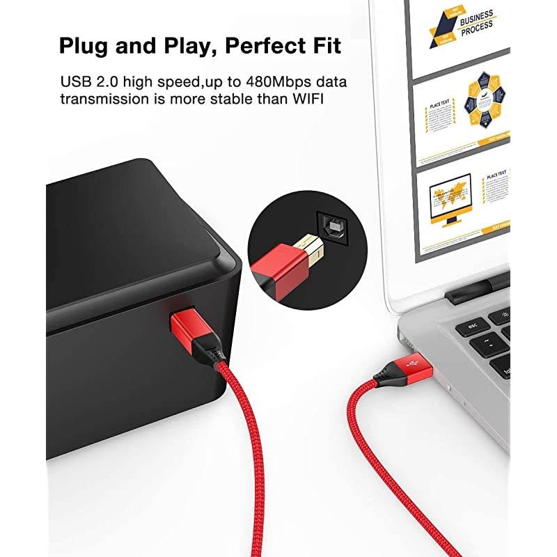 2 Pack Printer Cable,  USB 2.0 Printer Cord [6.6ft/2 Meters] A Male to B Male Scanner Cord High Speed Compatible with HP, Canon, Dell, Epson, Lexmark, Samsung, etc. (Red)