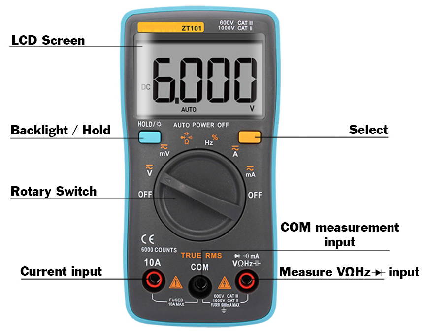Auto-Ranging True RMS Digital Multimeter 6000 Counts & Backlit LCD Display, Measures AC/DC Voltage & Current, Resistance, Capacitance, Frequency, Duty Cycle, Diode, Continuity