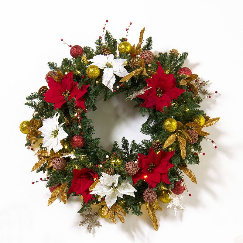 Easy Treezy 30-Inch Pre-Lit Pine Decorative Holiday Christmas Wreath with 100 Incandescent Warm White Lights, Red and Gold