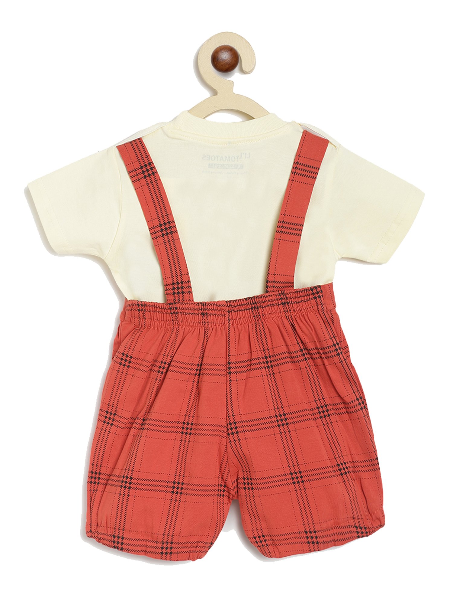 Li'l Tomatoes Kids Red & Yellow Checks T-Shirt, Dungaree with Bow