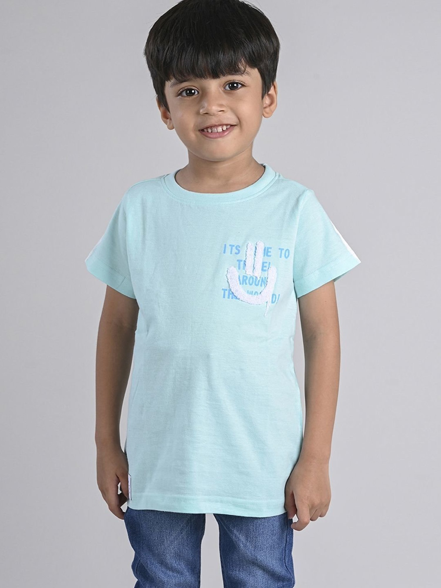Tales & Stories Kids Aqua Blue Cotton Embroidered T-Shirt