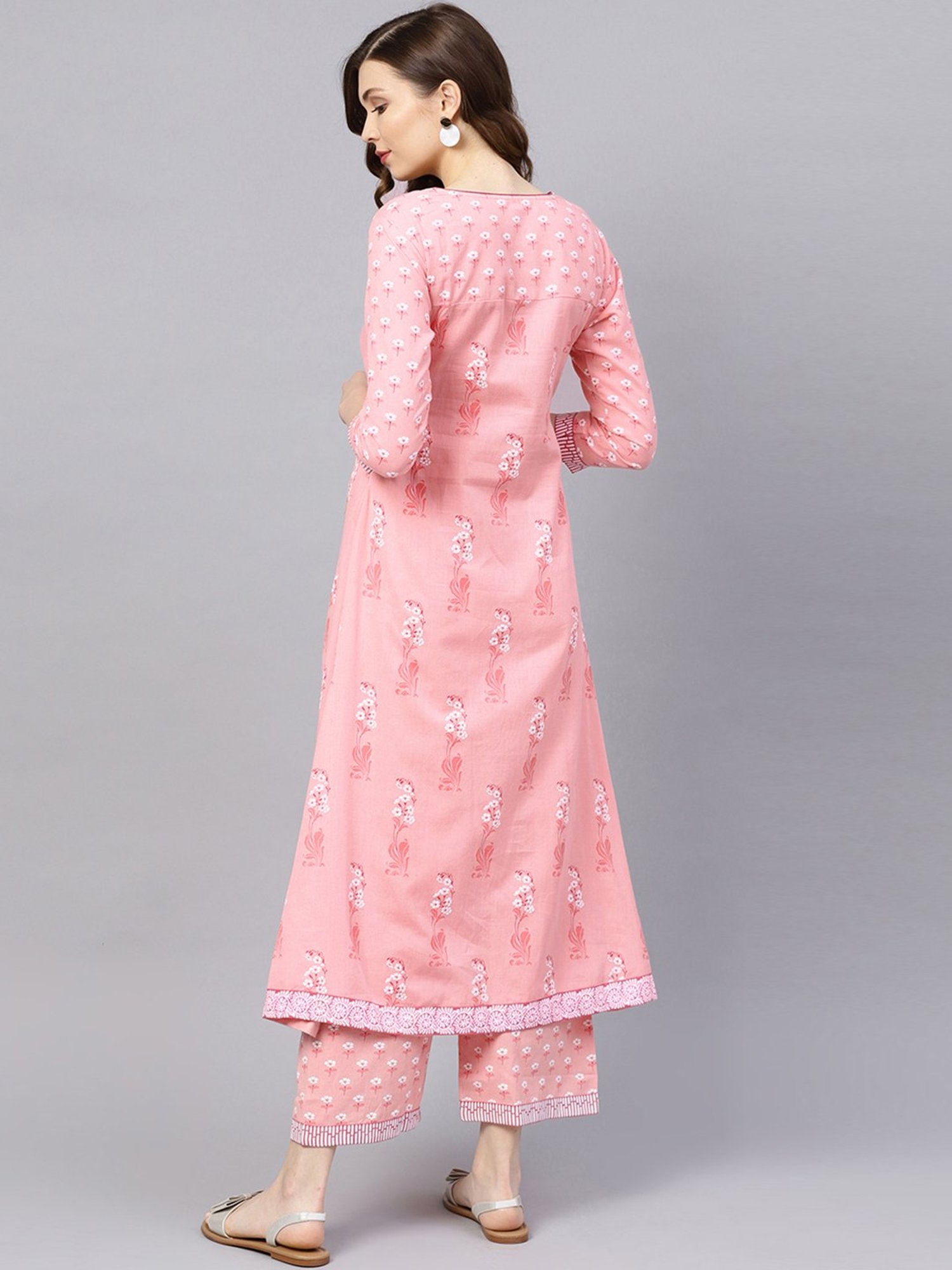 Ishin Baby Pink Cotton Floral Print Kurta Palazzo Set