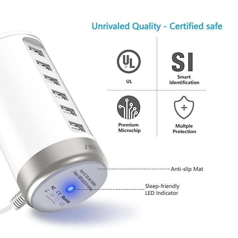USB Wall Charger, USB Phone Charger - 6-Port Multi USB Charger with Smart Identification - White